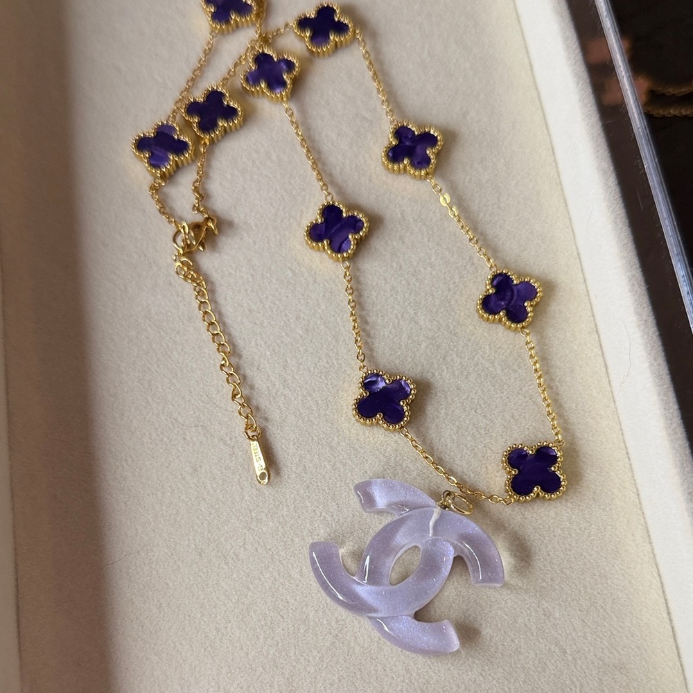 CC Gold Necklace with Purple Clovers - Picture 3 of 4